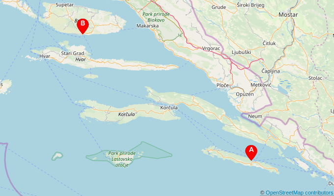 Map of ferry route between Sobra (Mljet) and Bol (Brac)